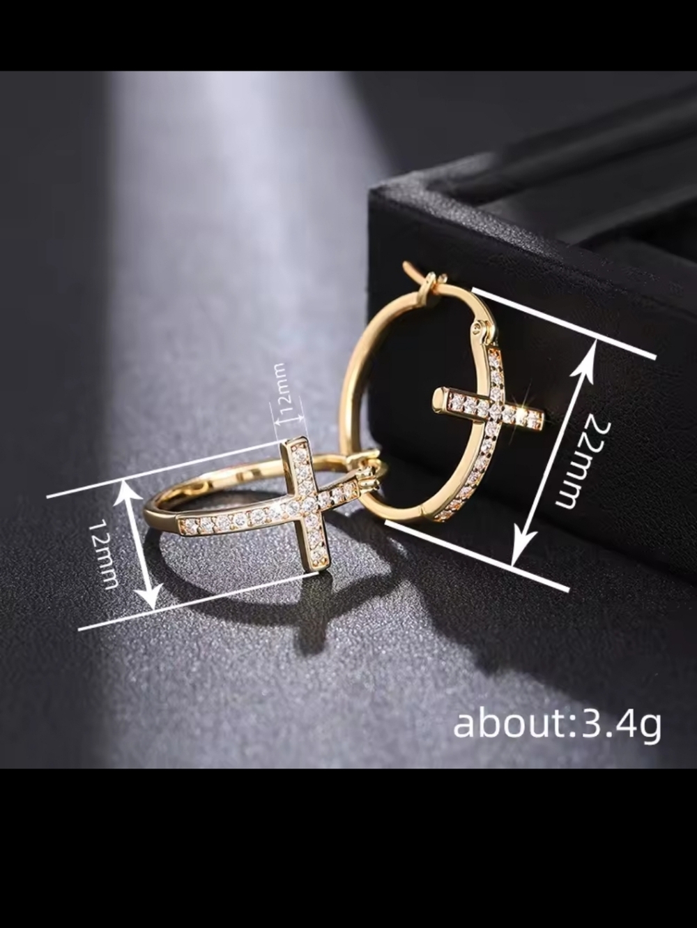 Gold Cross Hoop Earrings with Cubic Zirconia - Picture 2 of 3
